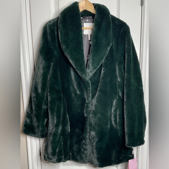 NWT Avec Les Filles Faux Fur Coat Shaw Collar Mid Length Emerald Green Sz Small - Picture 5 of 11